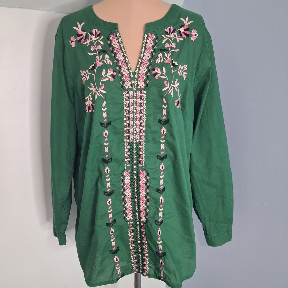 J. Jill Green Embroidered Cotton Tunic Blouse Medium Petite Floral Long Sleeve